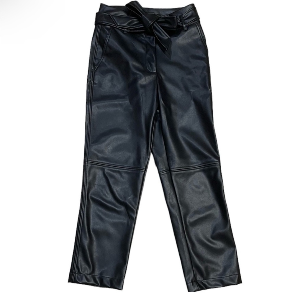 Shinestar Black Faux Leather Trousers Pants Ankle Length Straight Leg Belted